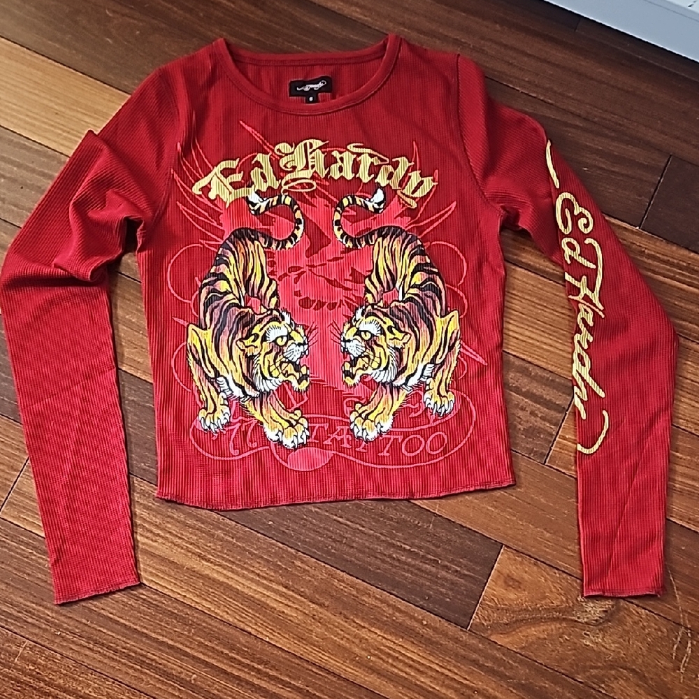 Ed Hardy Red Long Sleeve Tee with Twin Tiger Graphic